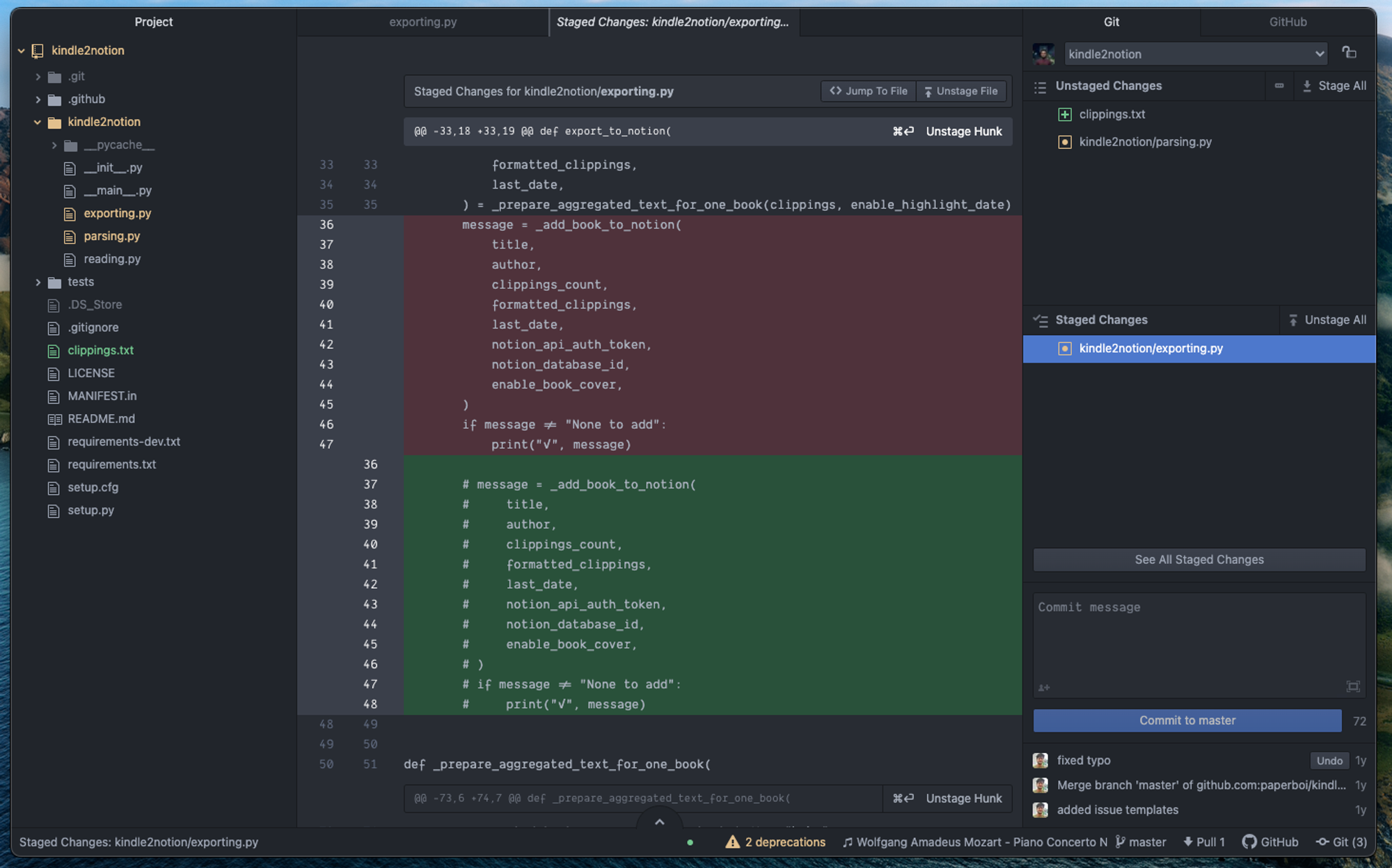 The Atom UI with File Explorer, Code Area and Git/Github Panel
